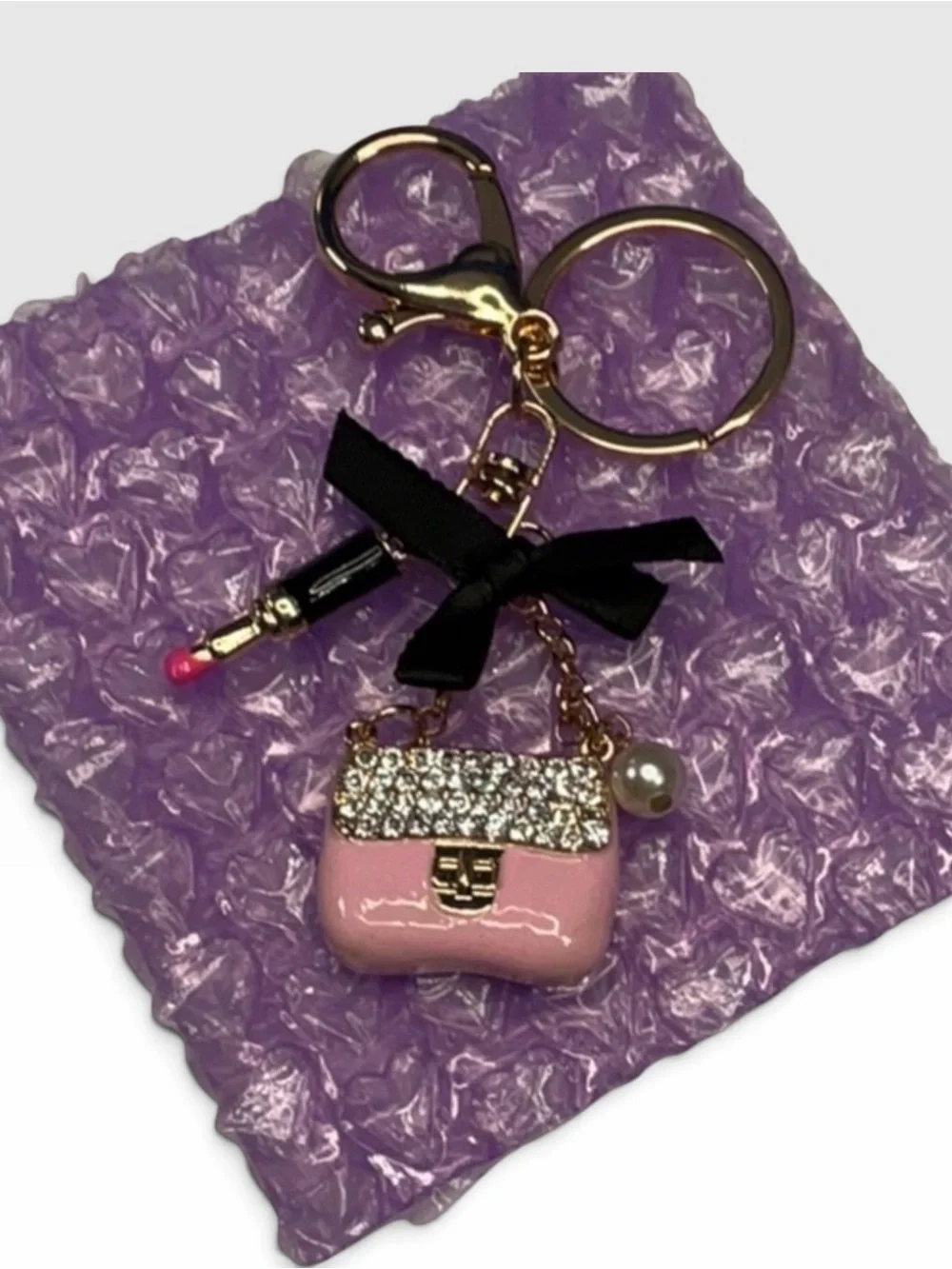 Pink Rhinestone Mini Purse Bag Charm Keychain Black Bow Lipstick Pearl NIP